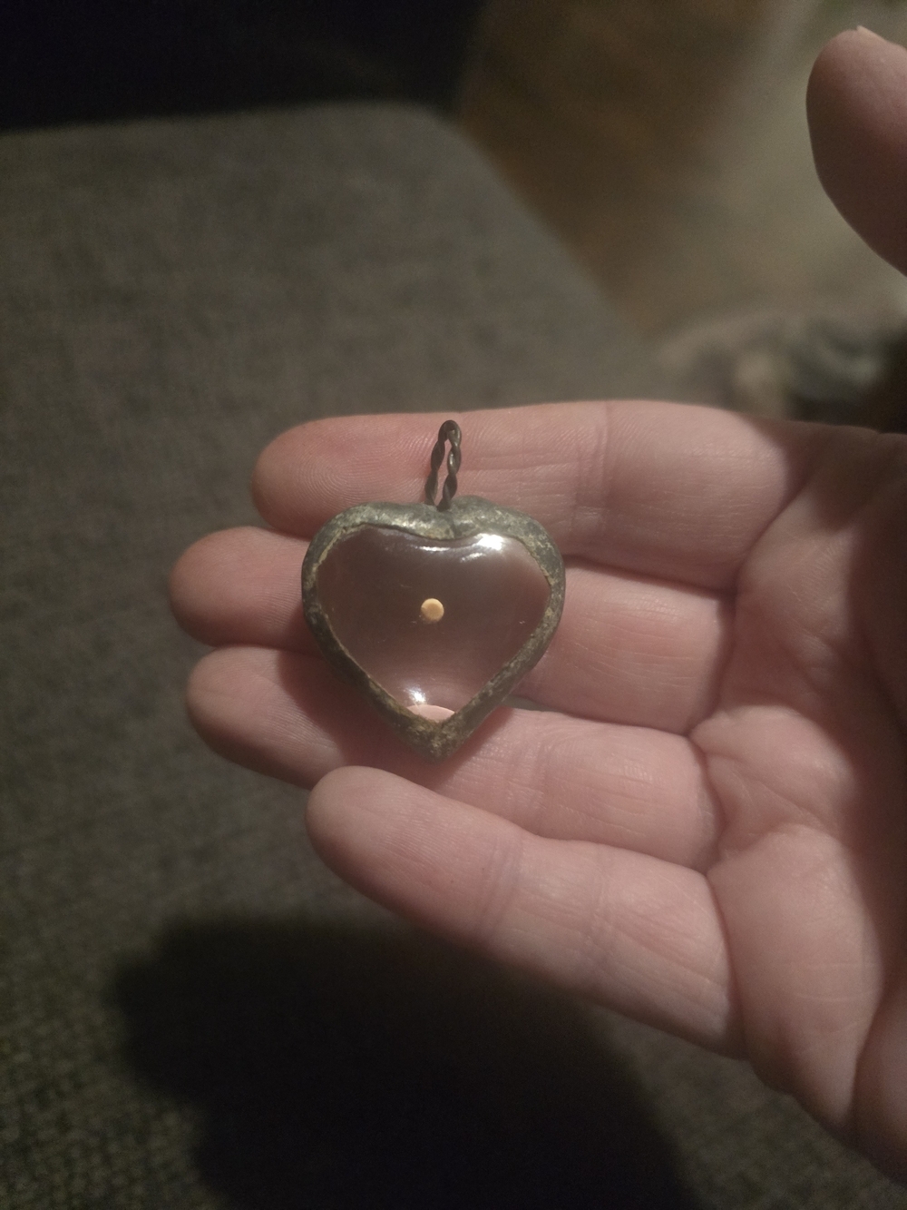 Vintage Hammered Silver Heart  Glass Mustard Seed Pendant Necklace